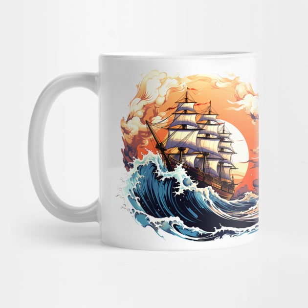 A vintage looking ship sails across the giant waves in a sunset enviornment 3 by ramith-concept